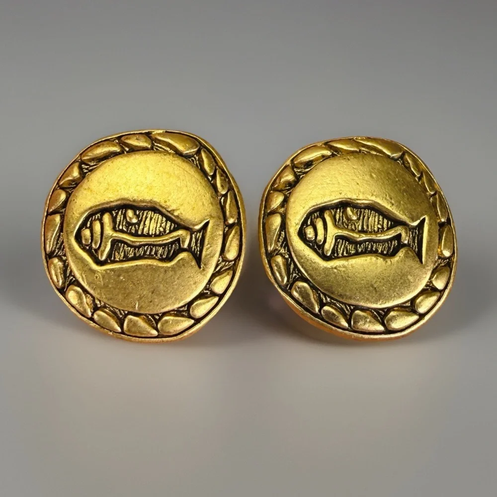Vintage aged goldtone, etched fish pierced earrings